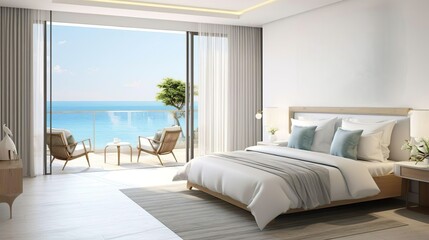 interior of a hotel room, cotage and sea view. Space for wall art and painting. Interior decoration. IA generativ