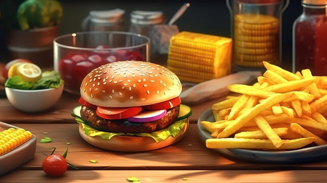 Summer cooking tabletop with homemade hamburgers and frenchfries Fresh corncobs cooked. Generative Ai