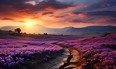 Landscape of bright purple blooming landscape.