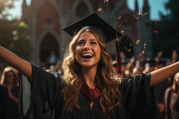 Obraz premium Proud Graduate Throwing Graduation Cap in the Air