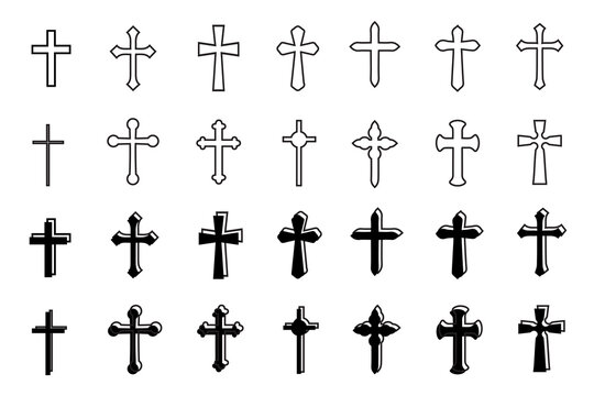 Decorative crucifix religion catholic symbol, Christian crosses. orthodox faith church cross icons design, isolated flat set. vector illustration.