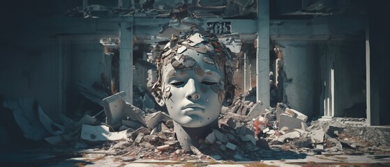 Female bust sculpture broken and cracked into shattered pieces, war torn city ruin, destroyed building, emotional distress, depressing decay, art installation - generative AI	
