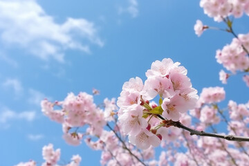 Naklejka premium Flower pink cherry against with blue sky.Generative Ai.