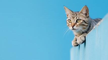 American Shorthair cat emerges from blue wall.Generative Ai.