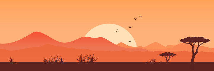 Africa. Beautiful African landscape at sunset. African silhouettes. safari. vector illustration. Beautiful landscape for printing.