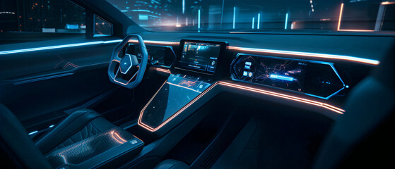 advanced autonomous car cockpit, holographic interface meets luxury design, generative ai