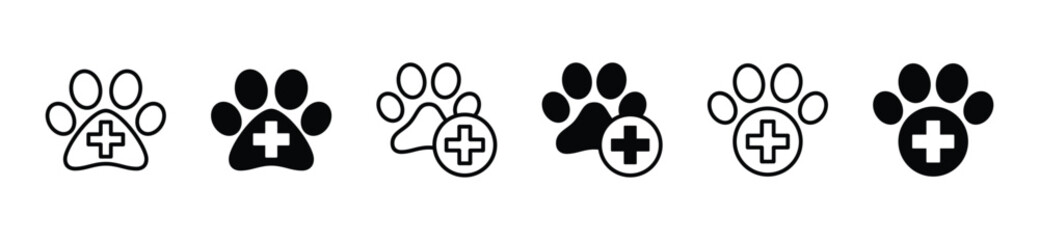 Animal and Pet hospital or clinic icons vector. Veterinary hospital, dog and cat paw with red cross icon symbol in line and flat style. Medical care vector illustration - obrazy, fototapety, plakaty