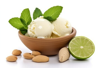 Obraz na płótnie Canvas Lime ice cream almonds,mint leaf isolated on white background.Generative Ai.
