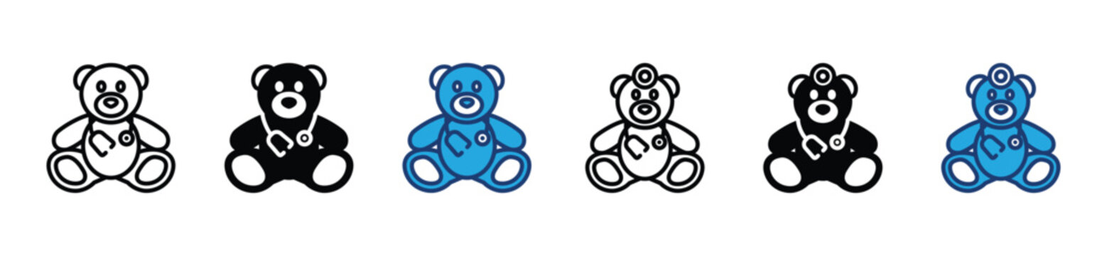 Pediatrician icons set. Pediatrics icon collection. Teddy bear using a stethoscope icon symbol in line and flat style. Children's hospital or clinic. Medicals care vector illustration