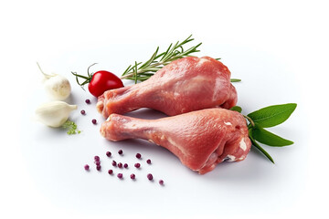 Raw chicken legs with spices  isolated on white background.Generative Ai.