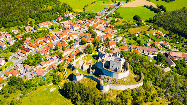 Smal town Rabi in National Park Sumava. Aerial view to medieval monument in Czech Republic. Central Europe. 