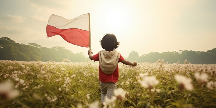 Little boy in the meadow running carrying the Poland national flag. Little boy holding the Polish flag, Poland independence day