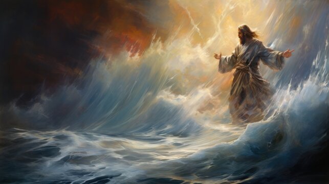 Jesus standing on top of the water commanding the waves © Left