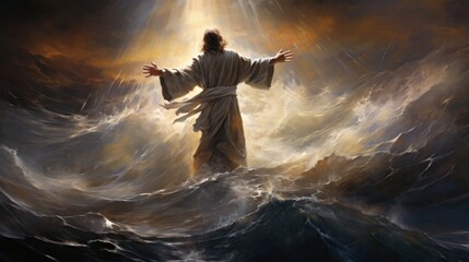 Jesus standing on top of the water commanding the waves