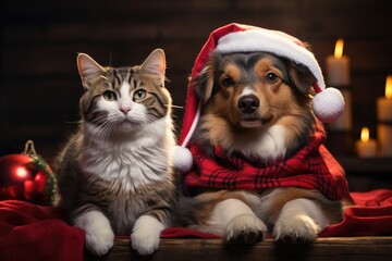 Fototapeta na wymiar cat and dog in christmas hat