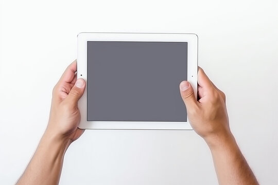 Hand holding tablet computer isolated on white background.Generative Ai.