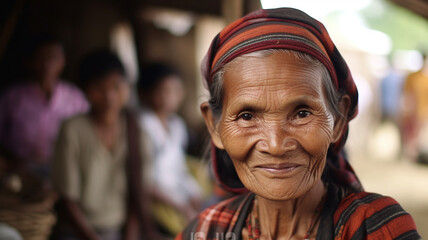 everyday life of an old woman, standing in front of her own simple house made of wood in a rural village or poverty, old age with wrinkles on her face, fictitious place