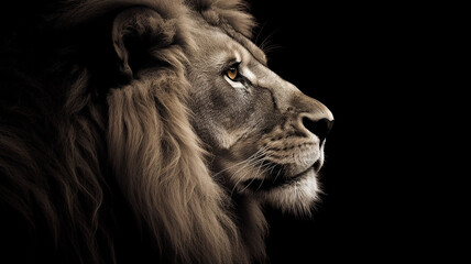 Beautiful lion profile portrait view isolated on black background. Closeup of the lion profile wallpaper. Generative AI - obrazy, fototapety, plakaty