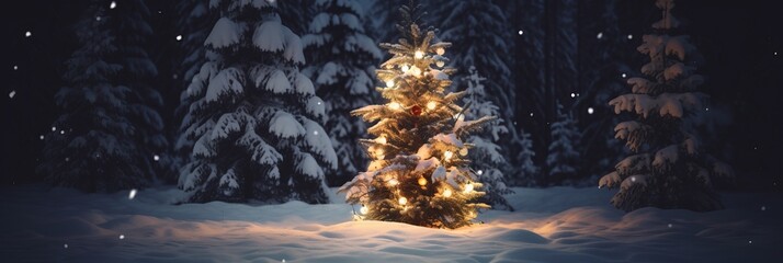 Christmas celebrate festive banner template Tranquil Christmas scene pine tree snow in forest with blank space for your message,ai generate