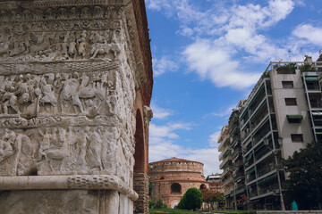 Detail from Arch of Galerius and Rotunda in the background, 4th-century AD monuments in the city of...