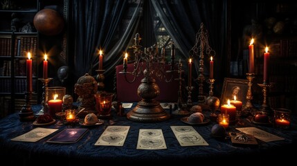  a table topped with lots of books and lit up candles.  generative ai