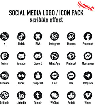 Social media icon pack, scribble effect, new social media logos and symbols 2023