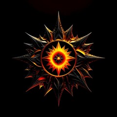 Abstract 8 5 6 9 10 12 pointed fractal cosmic sun burning in flame with smoke chaos star pentagram with cracked volcanic lava ground material symbolic realistic image