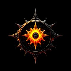 Abstract 8 5 6 9 10 12 pointed fractal cosmic sun burning in flame with smoke chaos star pentagram with cracked volcanic lava ground material symbolic realistic image