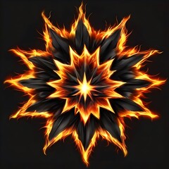 Abstract 8 5 6 9 10 12 pointed fractal cosmic sun burning in flame with smoke chaos star pentagram with cracked volcanic lava ground material symbolic realistic image