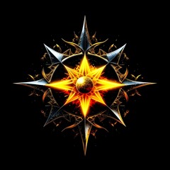 Abstract 8 5 6 9 10 12 pointed fractal cosmic sun burning in flame chaos star pentagram with cracked volcanic lava ground material symbolic realistic image