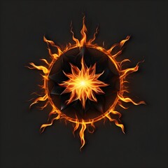 Abstract 8 5 6 9 10 12 pointed fractal cosmic sun burning in flame with smoke chaos star pentagram with cracked volcanic lava ground material symbolic realistic image
