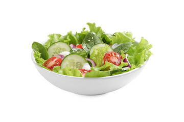 Delicious salad in bowl isolated on white