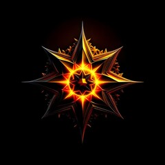 Abstract 8 5 6 9 10 12 pointed fractal cosmic sun burning in flame chaos star pentagram with cracked volcanic lava ground material symbolic realistic image