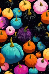 Seamless pattern with colorful pumpkins on black background. Halloween and autumn background.