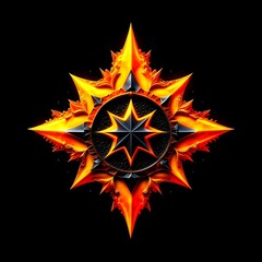 Abstract 8 5 6 9 10 12 pointed fractal cosmic sun burning in flame with smoke chaos star pentagram with cracked volcanic lava ground material symbolic realistic image
