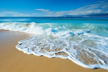 Fototapeta na wymiar Blue ocean waves on clean sandy beach with sunshine.Generative Ai.