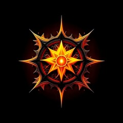 Abstract 8 5 6 9 10 12 pointed fractal cosmic sun burning in flame chaos star pentagram with cracked volcanic lava ground material symbolic realistic image