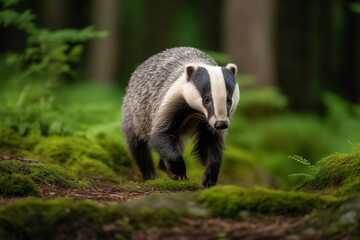 Fototapeta premium European badger walking in the forest.Generative Ai.