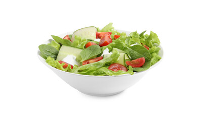 Delicious salad with lettuce, tomatoes and spinach isolated on white