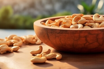 Cashew nuts in the wooden bowl with garden background.Generative Ai.