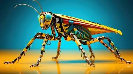  a close up of a colorful insect on a blue background.  generative ai