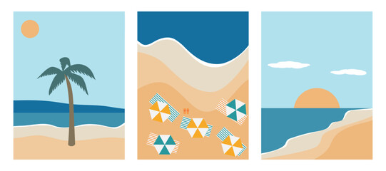 Set of abstract banners summer beach, palm trees, sea, sun, umbrellas. Vector illustration.	