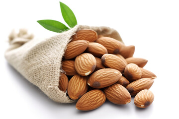 Almonds in the bag isolated on white background.Generative Ai.