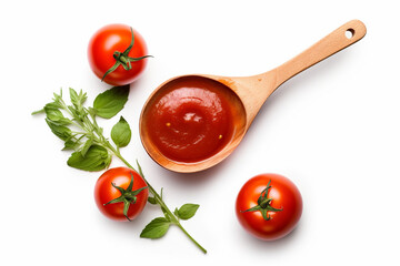 Tomato sauce in the wooden spoon isolated on white background.Generative Ai.