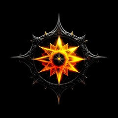 Abstract 8 5 6 9 10 12 pointed fractal cosmic sun burning in flame chaos star pentagram with cracked volcanic lava ground material symbolic realistic image