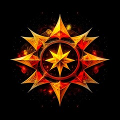 Abstract 8 5 6 9 10 12 pointed fractal cosmic sun burning in flame chaos star pentagram with cracked volcanic lava ground material symbolic realistic image