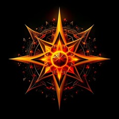 Abstract 8 5 6 9 10 12 pointed fractal cosmic sun burning in flame chaos star pentagram with cracked volcanic lava ground material symbolic realistic image