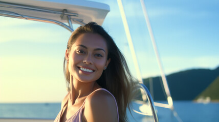 Young adult woman on a yacht or ship or boat, luxurious, at sea, slim attractive, good mood on summer vacation, charter a yacht, going out to sea, tropical vacation, smiling, fictional location