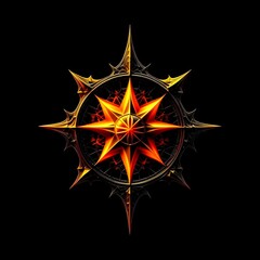 Abstract 8 5 6 9 10 12 pointed fractal cosmic sun burning in flame chaos star pentagram with cracked volcanic lava ground material symbolic realistic image