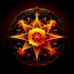 Abstract 8 5 6 9 10 12 pointed fractal cosmic sun burning in flame chaos star pentagram with cracked volcanic lava ground material symbolic realistic image


